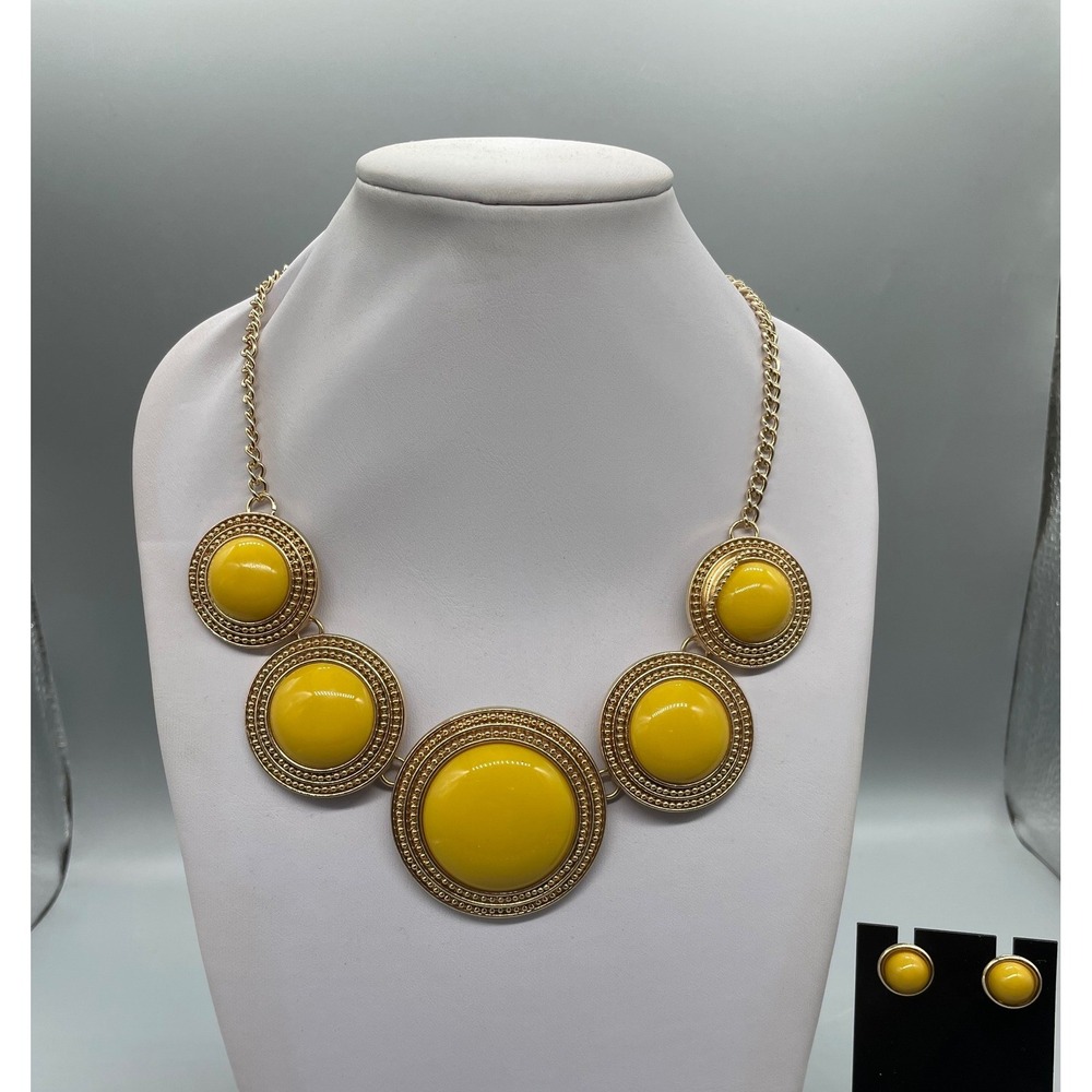 Yellow Statement Bib Necklace and Stud Earrings Set Gold Tone Circular Medallion